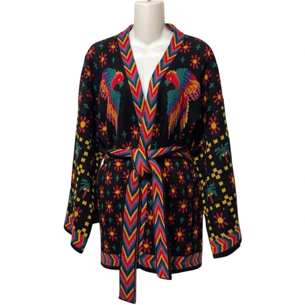 NWT FARM RIO Black Macaw Night Kimono Sweater Cardigan L